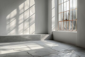 Poster - Pristine white room flooded with natural light, casting geometric shadows through gridded windows on cracked marble floor
