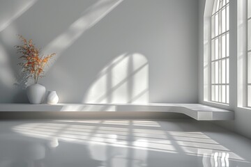 Poster - A contemporary room design features strong sunlight streaming through large windows onto a sleek bench with a potted plant