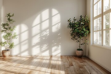 Poster - A calm and serene room with sunlight casting shadows of a window onto the wall, highlighting the tranquility of the space