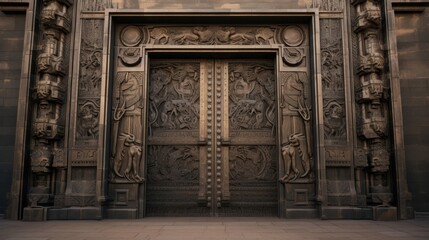 Wall Mural - Massive bronze doors of temple embellished with relief carvings