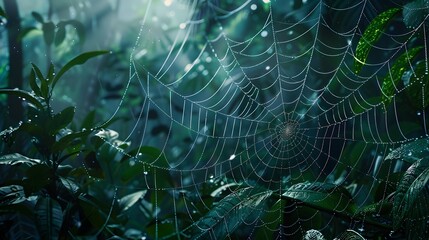 Delicate Spider Web Glistening with Dew Droplets in the Lush Greenery