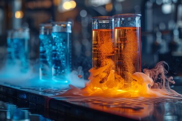 Poster - A striking image of laboratory vials with vibrant orange bubbling liquid and dramatic smoke, signifying research and discovery