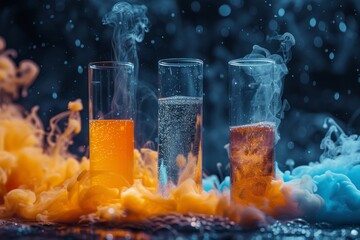 Poster - Three test tubes filled with colorful chemicals surrounded by mystical smoke creating a magical laboratory setting