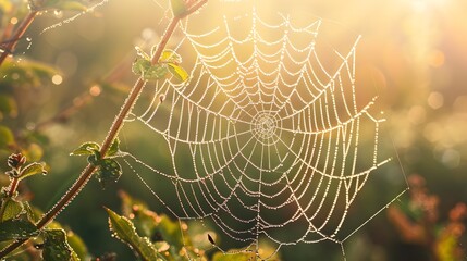 Delicate Spider Web Glistening with Dew Drops in Morning Sunlight