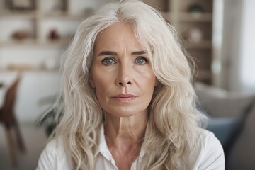 Wall Mural - A woman with blonde hair and blue eyes directly gazes at the camera