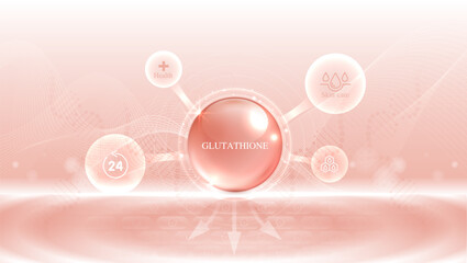 Glutathione serum drops over pink skin cells with cosmetic advertising. healthy life medical and dietary supplement. natural skin care cosmetic stimulate collagen. vector design.
