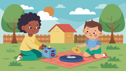 Wall Mural - Two toddlers sit on a blanket in the backyard playing with toys as their parents spin a childrens record on an old record player filling the air with. Vector illustration