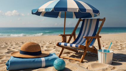 Wall Mural - A beach scene with a blue and white striped chair, a straw hat, a beach towel