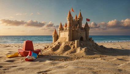Wall Mural - A sand castle on a beach with a red pennant and a red hat.