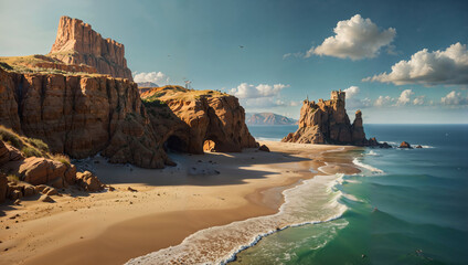 Wall Mural - A beautiful beach with a rocky shoreline and a cliff in the background