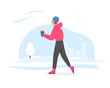 Man in warm clothes walking with coffee cup along winter city street vector illustration