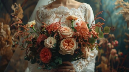 A woman in a wedding dress holds a bridal bouquet of flowers