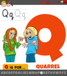 letter Q from alphabet with quarrel word cartoon illustration