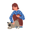 Girl stroking dog with love, happy pug companion playing with woman vector illustration