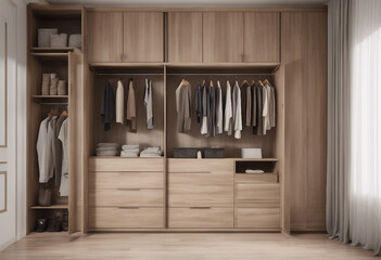 Wall Mural - Modern wooden wardrobe with clothes hanging on rail in walk in closet design interior 3D render