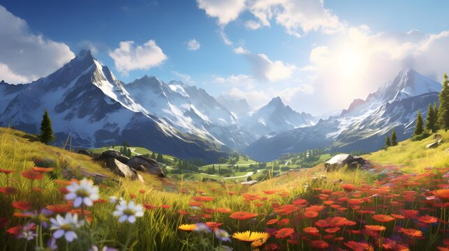 Panoramic view of the alpine meadow with flowers and mountains.