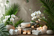 A table inside a spa center is covered with an abundance of white flowers and flickering candles, creating a tranquil and inviting ambiance.