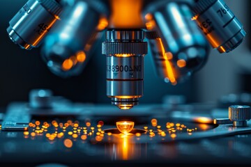 Poster - A strikingly illuminated microscope showcasing the intricacy of the lenses with a vibrant splash of background bokeh lights