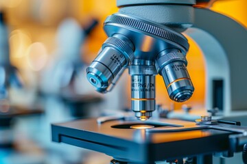 Poster - Detailed image of a modern microscope with multiple lenses, showcasing tools for scientific research