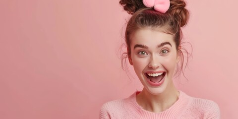 Wall Mural - A woman with long hair styled in a ponytail wearing a pink bow accessory on her head