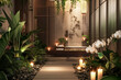 A room in a spa center filled with numerous green plants and candles, creating a serene and cozy atmosphere.