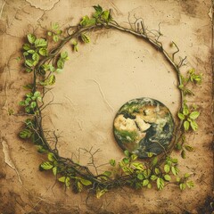 Wall Mural - Blank vintage card for Earth Day, reflecting environmental awareness with element background in vintage styles, Blank template Sharpen with Large copy space on center for text