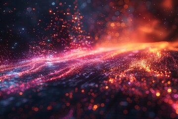 Fototapete - A spectacular visual of bright neon light particles creating an illusion of cosmic waves against a dark space-like background