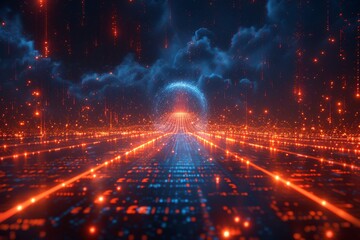 Fototapete - A stunning creation of a fiery digital tunnel leading towards a hypnotic futuristic vortex against a dark backdrop