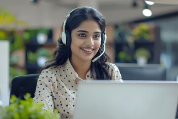 Canvas Print - A woman wearing headphones sits in front of a laptop computer