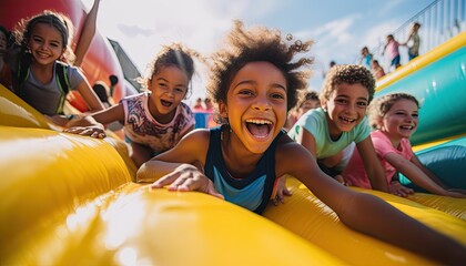 A group of children are happily playing in a water park, enjoying a bouncy slide and splashing in the water