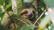  A tight shot of a sloth in a tree, with a nearby plant featured prominently in the foreground, and a softly blurred backdrop