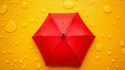 Wall Mural -   A red umbrella sits atop a yellow wall dotted with water drops Water droplets also collect on the ground beneath it