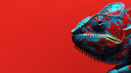 Wall Mural -   A tight shot of a chameleon, its skin a blend of blue and red, against a solid red backdrop Behind it, a red wall forms the scene's depth