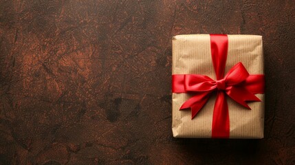Wall Mural -   A present, wrapped in brown paper, is topped with a red bow, resting on a wooden table