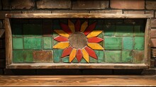  A Sunflower Adorns The Side Of A Green-brown Brick Wall Nearby, A Wooden Bench And Another Brick Wall Are Present