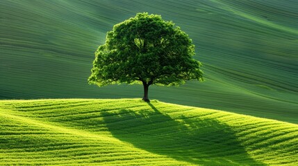 Wall Mural -   A solitary tree in the heart of a verdant field, surrounded by undulating hills