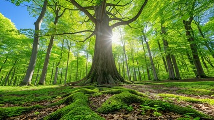 Wall Mural -   A sizable tree, surrounded by a forest, is covered in verdant moss on the ground beneath Sunlight filters through the canopy above