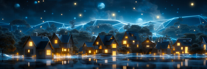 Poster - Suburban Neighborhood's Internet-Connected Smart Homes, Digital Network Community - DX, IoT Tech Integration at Night