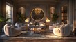 3D realistic rendering of a modern glam living room, featuring luxurious fabrics, mirrored surfaces, and glamorous lighting fixtures.