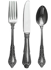 A silver fork, knife, and spoon are shown on a white background