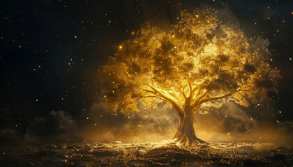 Wall Mural - a tree with golden leaves is lit up in the dark by ai generated image
