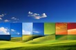 A beautiful summer or spring landscape with green grass on the hills and green fields, blue sky with white clouds. A series of pieces of landscape pictures in the center.