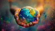 Internationaler Tag der Vergebung am 07. Juli Erde Weltkugel in Händen gehalten nach vorn gestreckt leuchtend goldener Schimmer und Glitzer um die Erde Generative AI