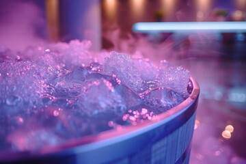 Poster - This image captures a close-up of glistening ice cubes and bubbles inside a vibrant blue bucket with a hazy atmosphere
