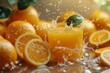 A refreshing image of orange juice in a glass with splash on a natural background with orange fruits