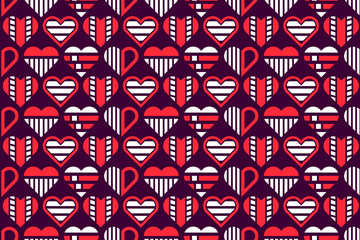 Wall Mural - Abstract seamless red and white colored decorative, stylized geometric hearts. Endless repeating heart shapes, abstract pattern design.