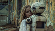 Tender moment between a woman and a futuristic robot