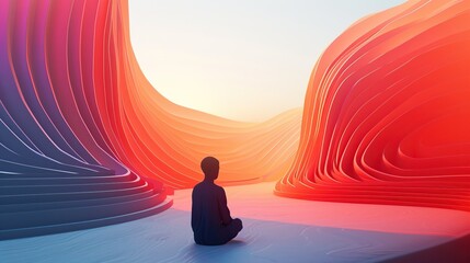 Wall Mural - Meditation in Surreal Landscape. A person meditating in a surreal landscape with flowing red and pink curves.