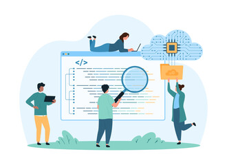 Wall Mural - Coding with digital cloud platform, computing. Tiny people study software code with magnifying glass online, developers using web storage system for files and folders cartoon vector illustration