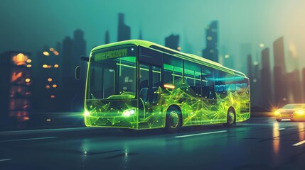 The introduction of an ecofriendly bus that filters pollution as it travels is revolutionizing public transportation and urban air quality HUD icon of green transportation